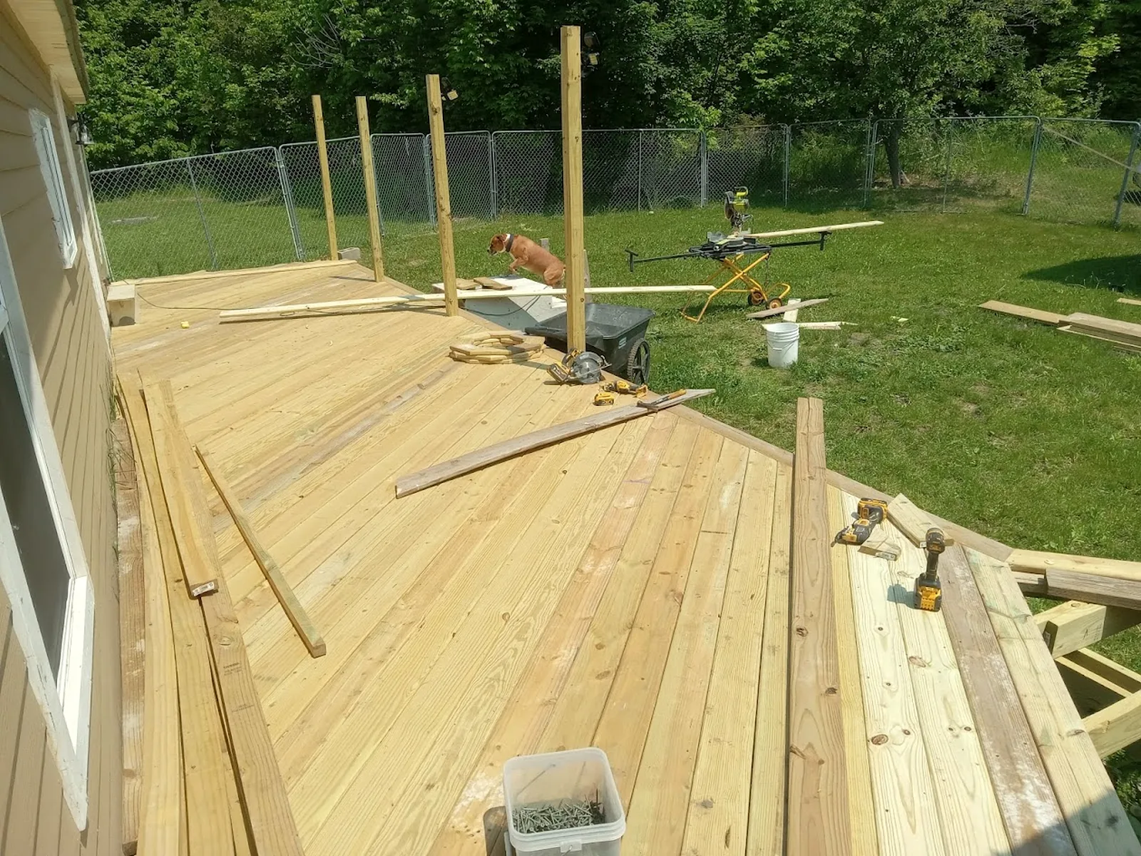 Deck boards, posts, and framing during construction